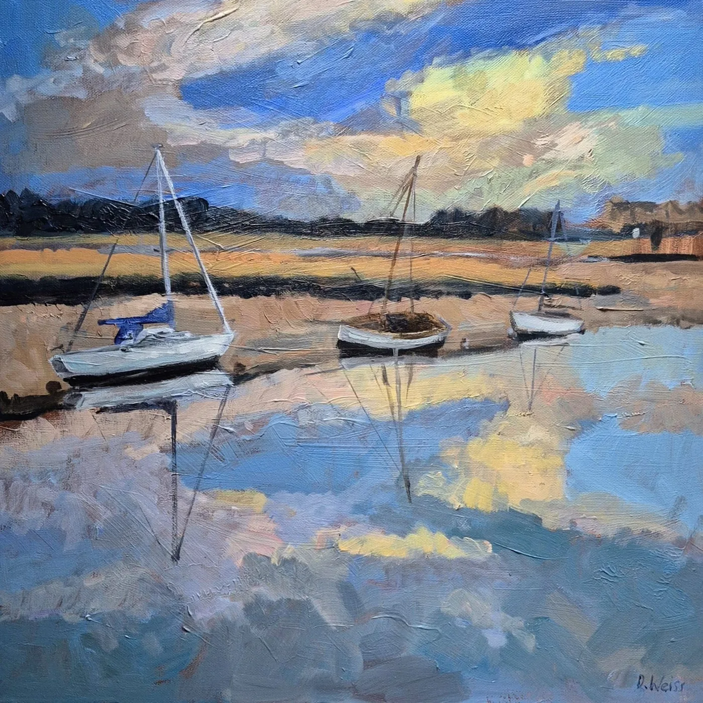 Oil painting of three sailing boats moored on still water, with yellow and blue clouds reflected below them
